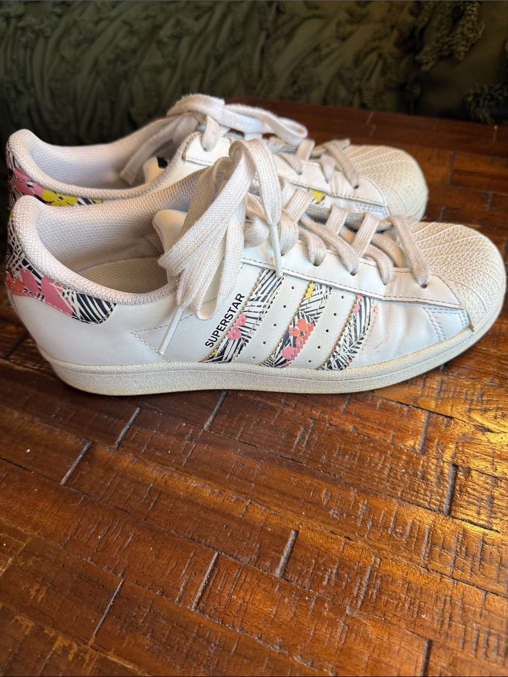Women’s adidas Superstar White Sneakers with Pink & Yellow Accents